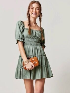Trixxi Sage Green Smocked Tiered Mini Dress